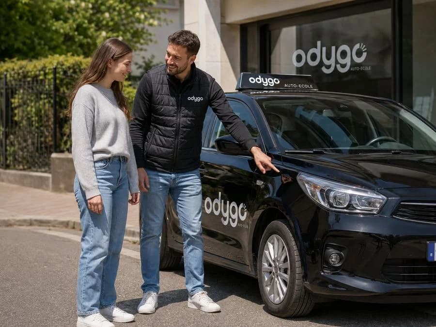 Un enseignant Odygo et son élève devant un véhicule à double commande, devant l'agence